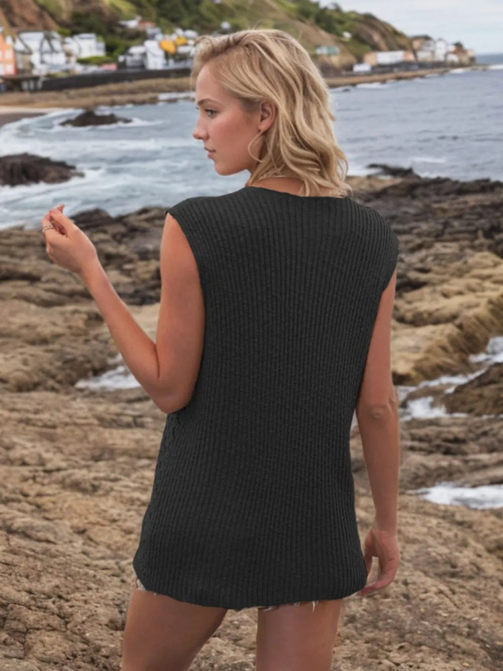 Button Down Eyelet V-Neck Sweater Vest