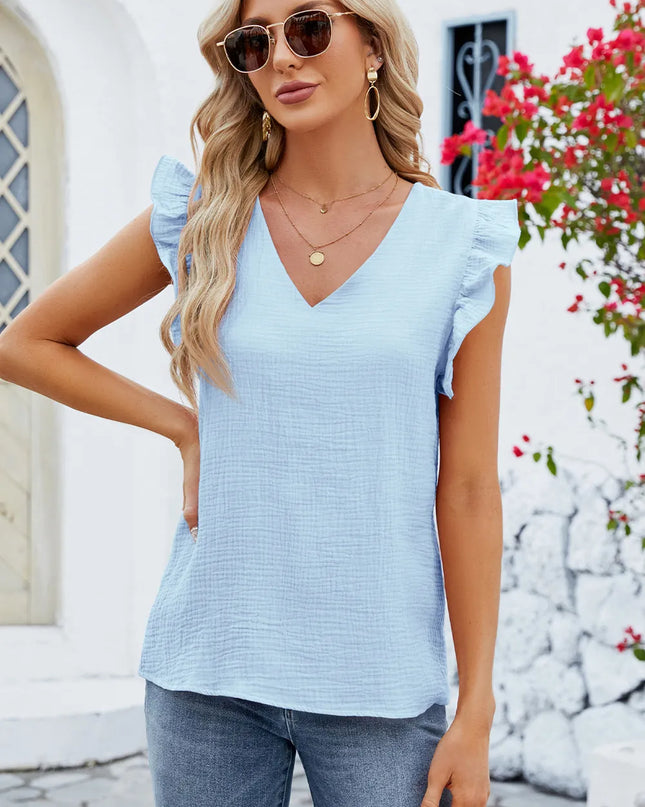 Ruffled V-Neck Cap Sleeve Blouse 