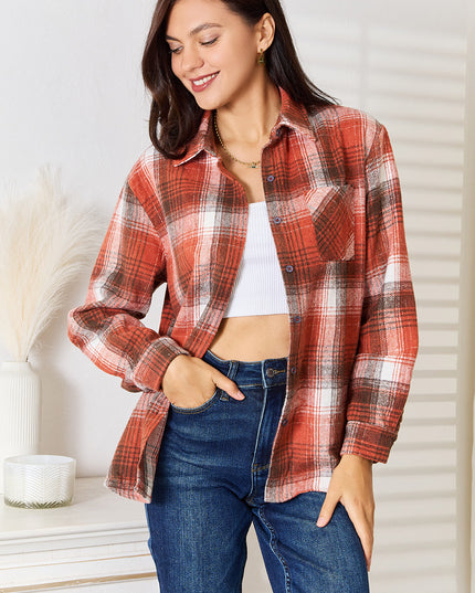 Plaid Collared Neck Long Sleeve Shirt Caramel