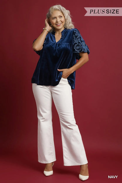 Umgee Full Size Velvet Embroidered Sleeve Blouse Plus Size