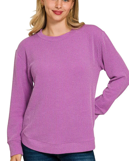Zenana Full Size Raised Rib Round Neck Long Sleeve Top Plus Size LT PLUM