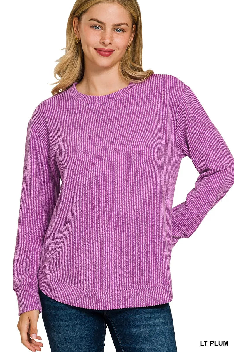 Zenana Full Size Raised Rib Round Neck Long Sleeve Top Plus Size LT PLUM
