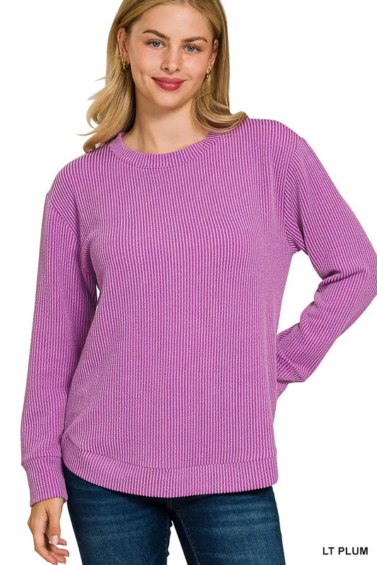 Zenana Full Size Raised Rib Round Neck Long Sleeve Top Plus Size LT PLUM