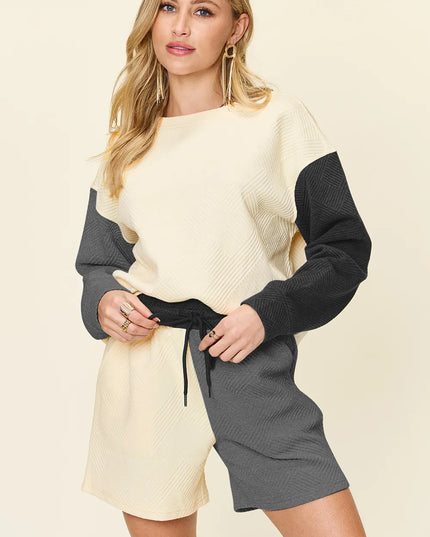 Double Take Full Size Contrast Drop Shoulder Top and Shorts Set Black