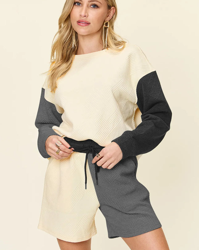 Double Take Full Size Contrast Drop Shoulder Top and Shorts Set Black