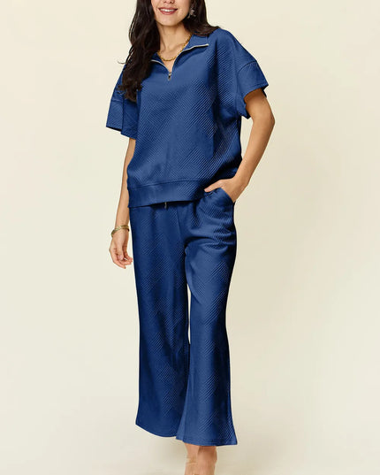 Double Take Full Size Texture Half Zip Short Sleeve Top and Pants Set Royal Blue