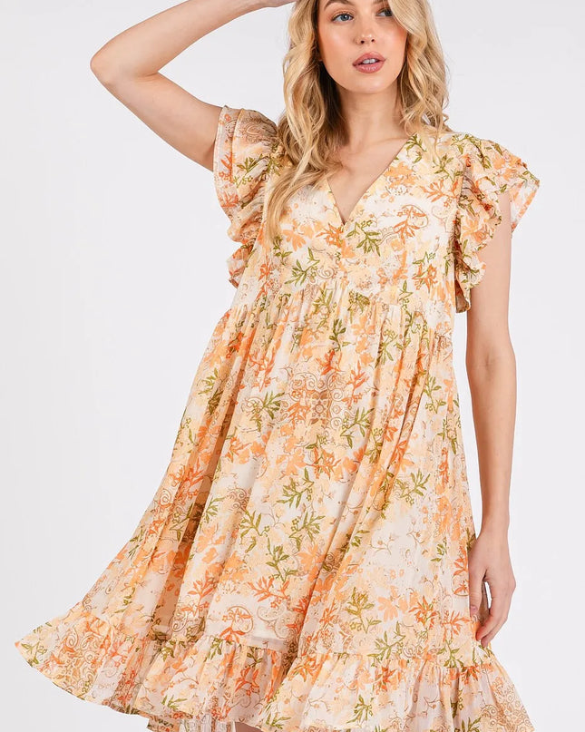 Mittoshop Floral Chiffon Ruffle Short Sleeve Mini Dress 