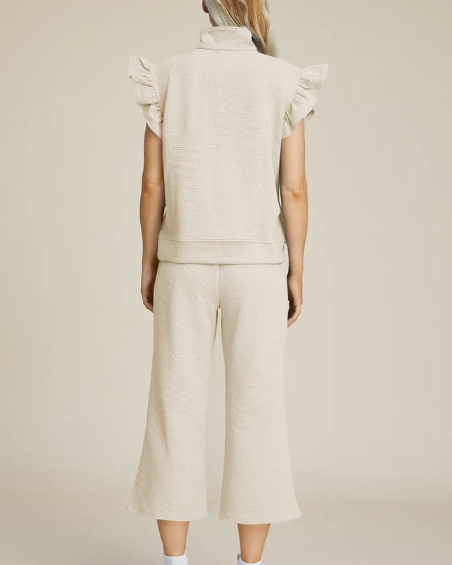 Double Take Full Size Texture Ruffle Short Sleeve Top and Wide Leg Pants Set