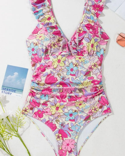 Floral Ruffle Trim Tummy Control One Piece Swimsuit 