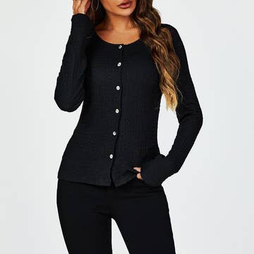 Button Down Ruched Stretch Long Sleeves Top in Black