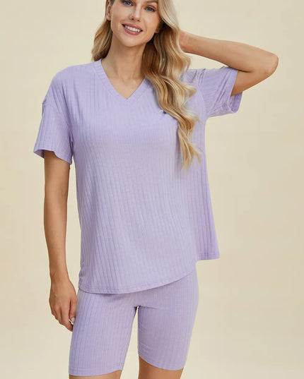 Basic Bae Full Size Ribbed V-Neck Short Sleeve Top and Shorts Set Lavender