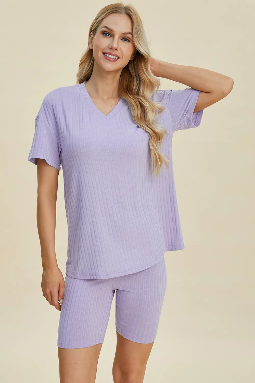 Basic Bae Full Size Ribbed V-Neck Short Sleeve Top and Shorts Set Lavender