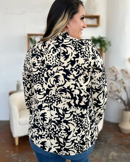 Double Take Full Size Printed Ruffle Trim Balloon Sleeve Shirt