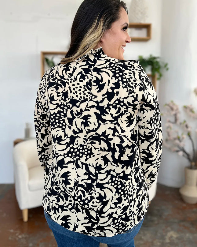 Double Take Full Size Printed Ruffle Trim Balloon Sleeve Shirt