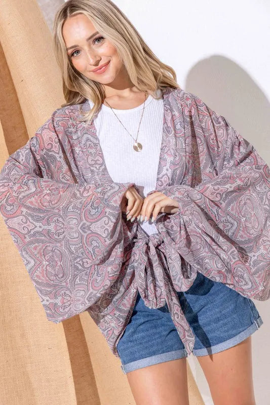 And The Why Sheer Front Tie Knot Oversized Kimono Wrap Cover Up