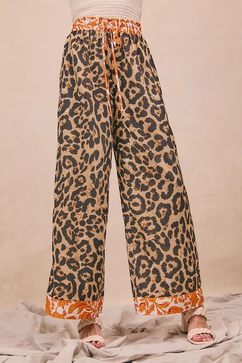 BiBi Leopard Print With Contrast Banded Wide Pants LEOPARD RUST