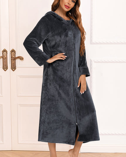 Zip Front Hooded Night Dress with Pockets Charcoal