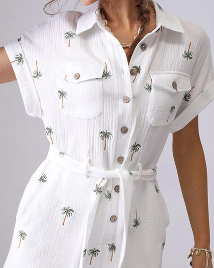 Palm Tree Print Short Sleeve Button-Up Romper with Belt