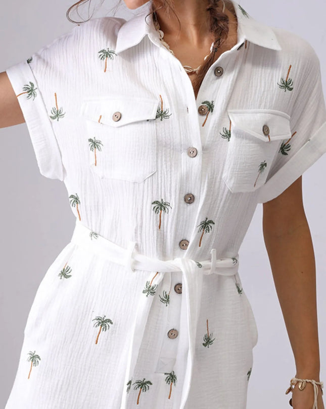 Palm Tree Print Short Sleeve Button-Up Romper with Belt