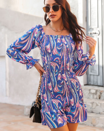 Abstract Print Square Neck Smocked Dress Blue