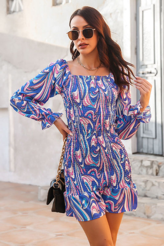 Abstract Print Square Neck Smocked Dress Blue
