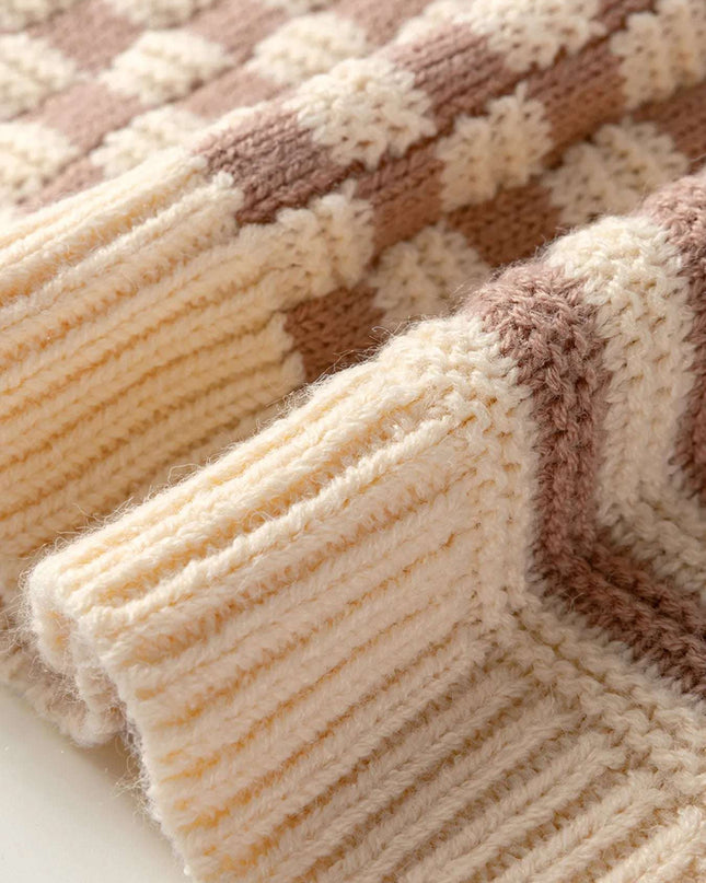 Stripe Checkerboard Drop Shoulder Balloon Sleeve Sweater