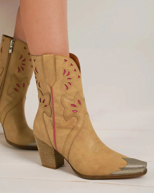 Beast Fashion Cut-Out Floral Embroidery Boots Camel