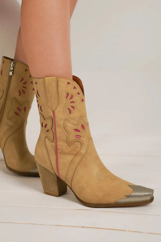 Beast Fashion Cut-Out Floral Embroidery Boots Camel