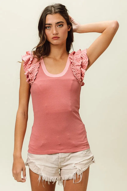 BiBi Rib Knit With Textured Ruffled Top