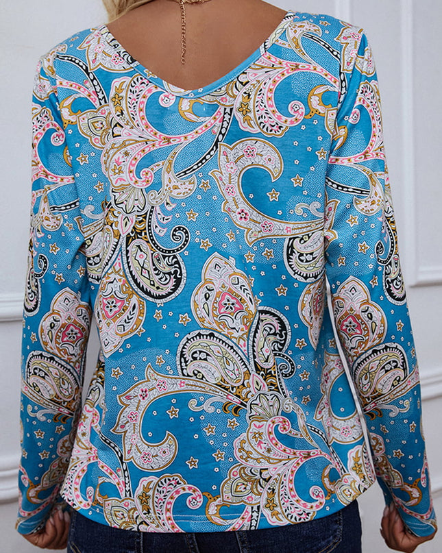 Shiny Printed V-Neck Long Sleeve Blouse 