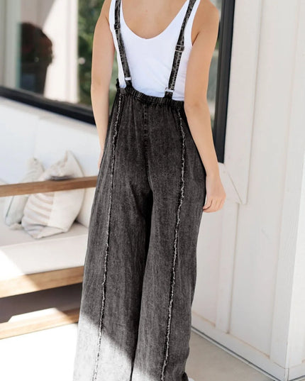 Frayed Exposed Seam Wide Leg Denim Overalls