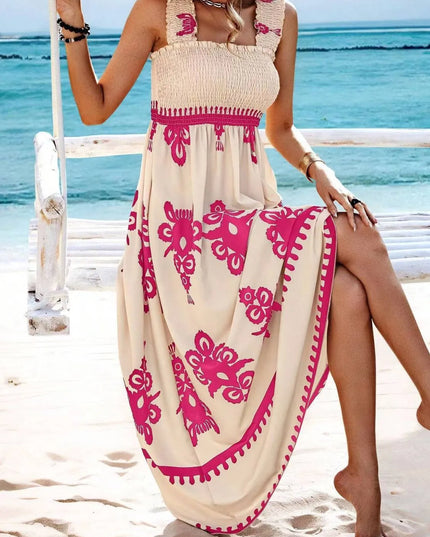Smocked Printed Wide Strap Maxi Dress 