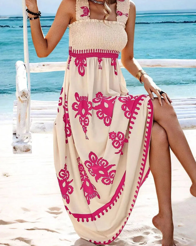 Smocked Printed Wide Strap Maxi Dress 