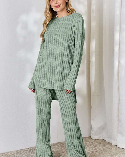 Basic Bae Full Size Ribbed High-Low Top and Wide Leg Pants Set Light Green