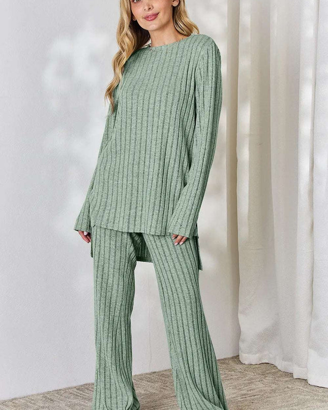 Basic Bae Full Size Ribbed High-Low Top and Wide Leg Pants Set Light Green