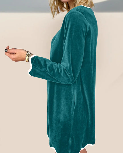 Double Take Wave Contrast Trim V-Neck Zip Up Long Sleeve Mini Dress