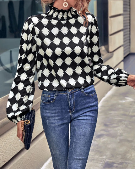 Checkered Pattern Balloon Sleeve Blouse Black