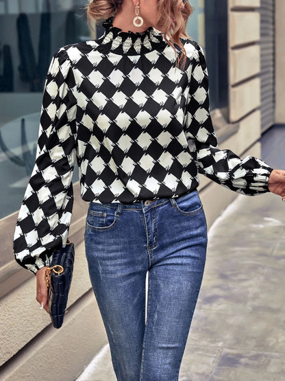 Checkered Pattern Balloon Sleeve Blouse Black