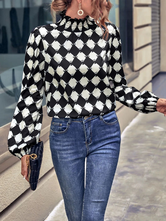 Checkered Pattern Balloon Sleeve Blouse Black