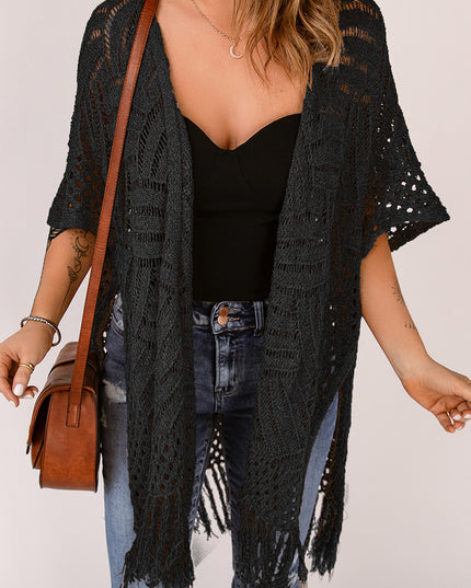 Fringe Hem Slit Open Front Cardigan