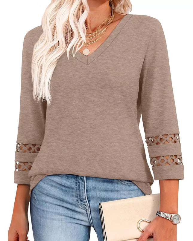 Full Size V-Neck 3/4 Sleeve T-Shirt Plus Size Khaki