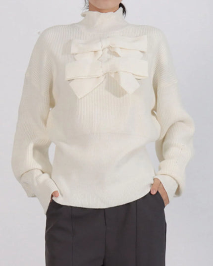 Bow Front Turtleneck Long Sleeve Sweater White