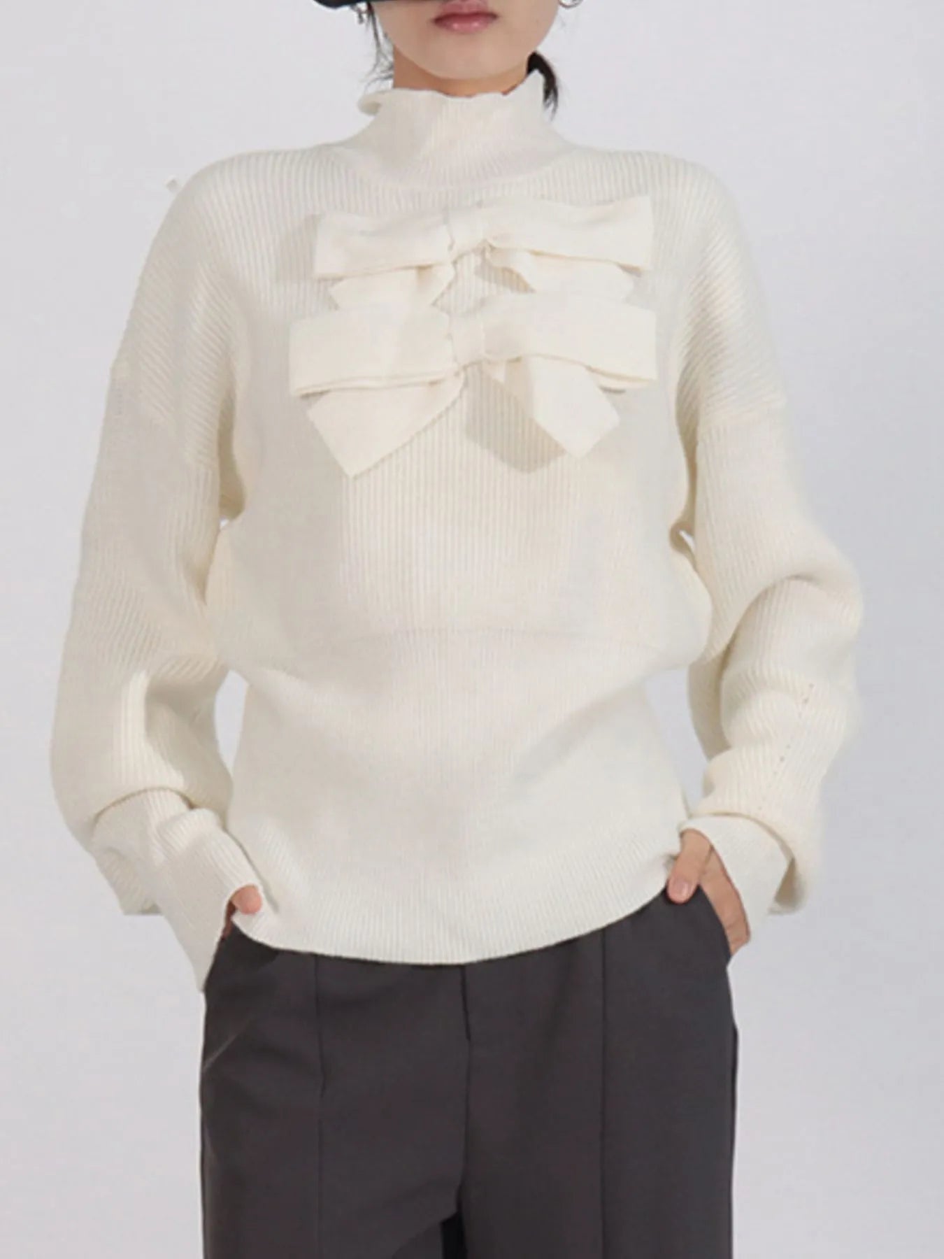 Bow Front Turtleneck Long Sleeve Sweater White