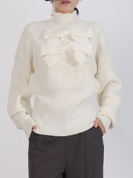 Bow Front Turtleneck Long Sleeve Sweater White