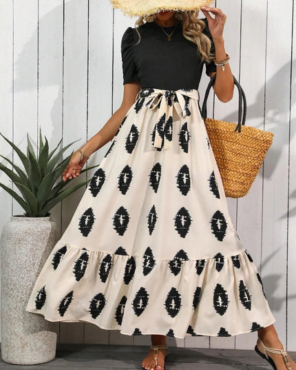 Printed Tie Waist Short Sleeve Maxi Dress 