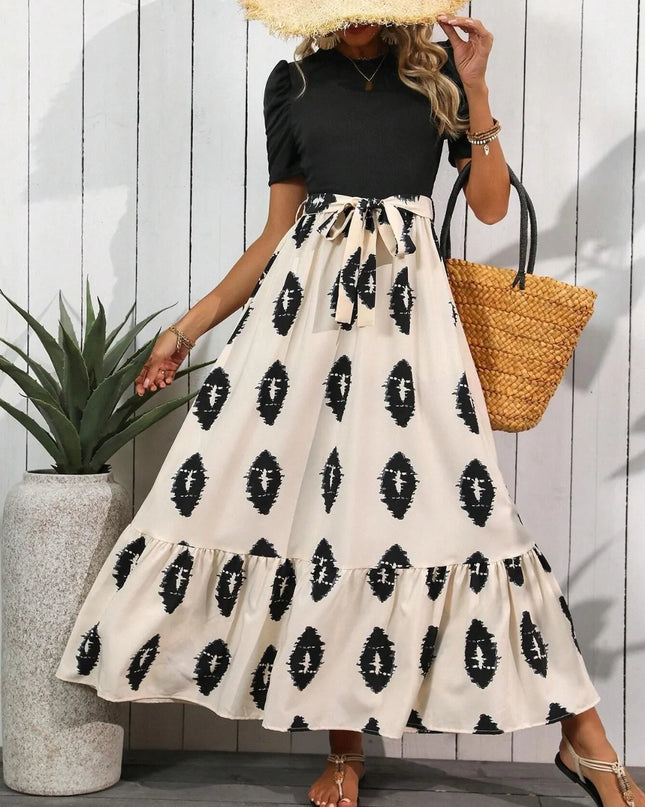 Printed Tie Waist Short Sleeve Maxi Dress 