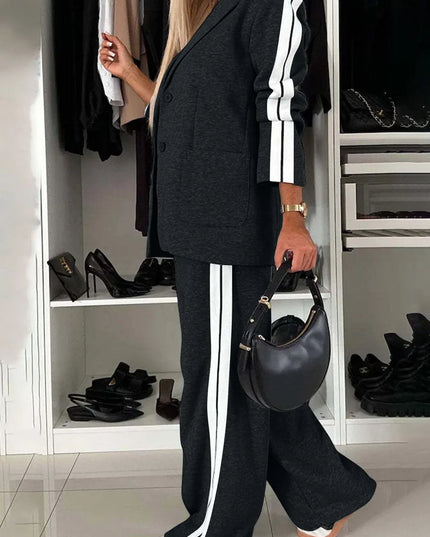 Full Size Contrast Lapel Collar Top and Pants Set