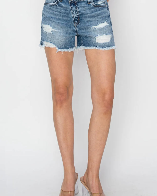 RISEN Stepped Waist Frayed Denim Shorts 