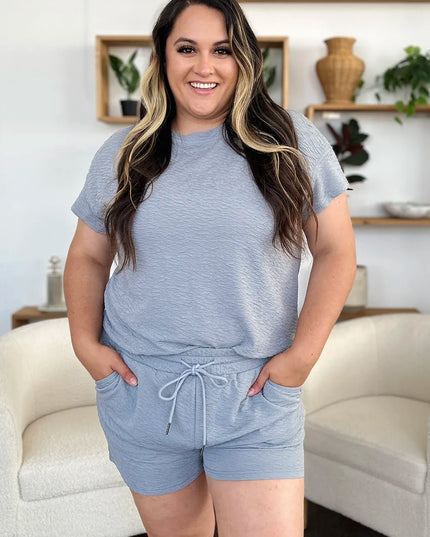 Double Take Full Size Texture Short Sleeve T-Shirt and Drawstring Shorts Set