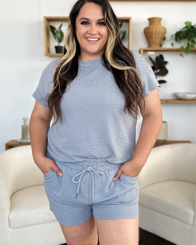 Double Take Full Size Texture Short Sleeve T-Shirt and Drawstring Shorts Set